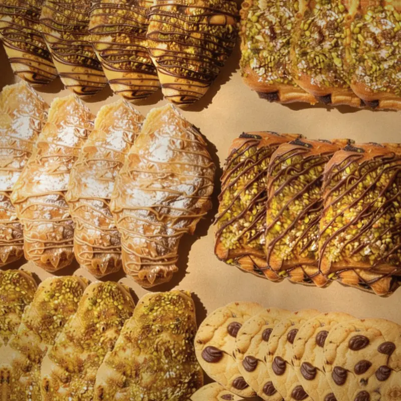 Box of pistachio pastries and chocolate chip cookies