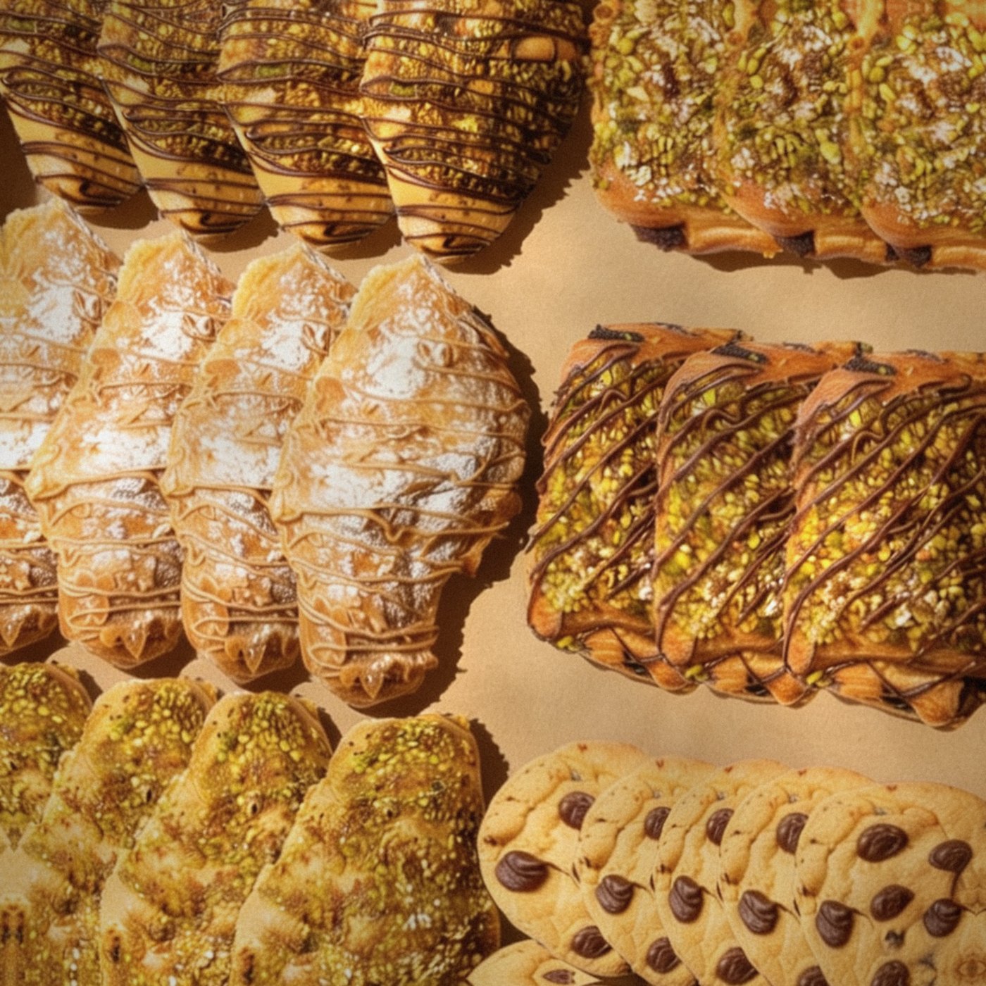 Boîte de viennoiseries à la pistache et de biscuits aux pépites de chocolat